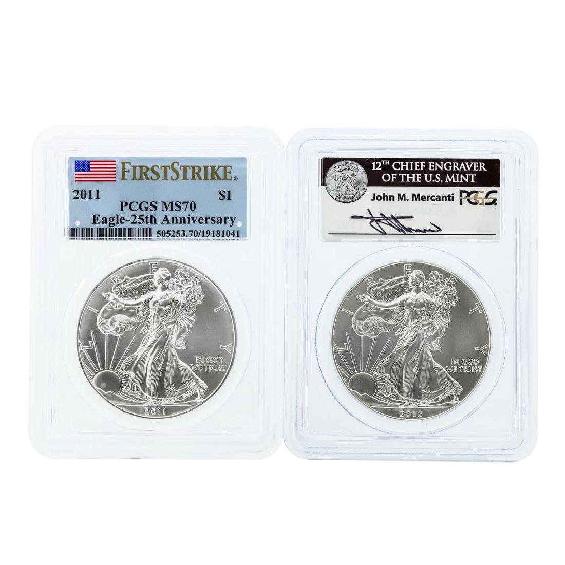 Set of 2011-2012 $1 American Silver Eagle Coins PCGS: One Set of 2011-2012 $1 American Silver Eagle Coins PCGS MS70. PCGS Graded.