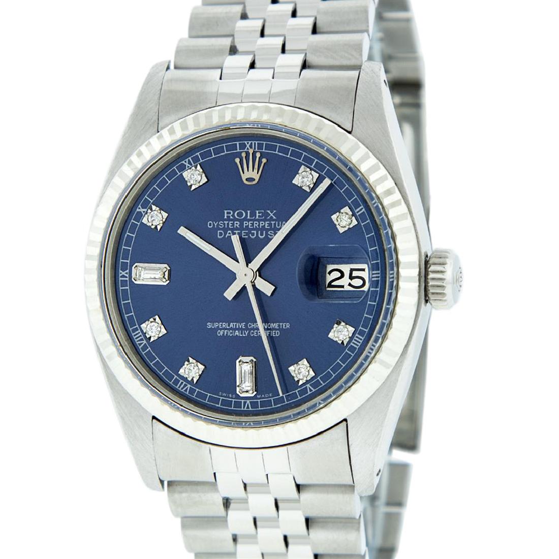 Rolex Stainless Steel Datejust Mens Wristwatch: One Mens Rolex Datejust Polished, Serviced & Electronically Tested, Stainless Steel Case:36mm, Stainless Steel Crown, Bezel: 18K White Gold Fluted Bezel. Custom Crystal: Sapphire Cyclops Lens. Movemen