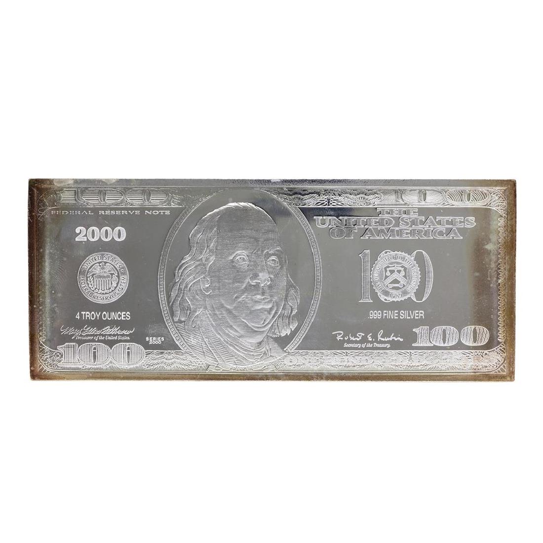 2000 $100 Washington Mint 4 oz. .999 Fine Silver Bar: One 2000 $100 Washington Mint 4 oz. .999 Fine Silver Bar.