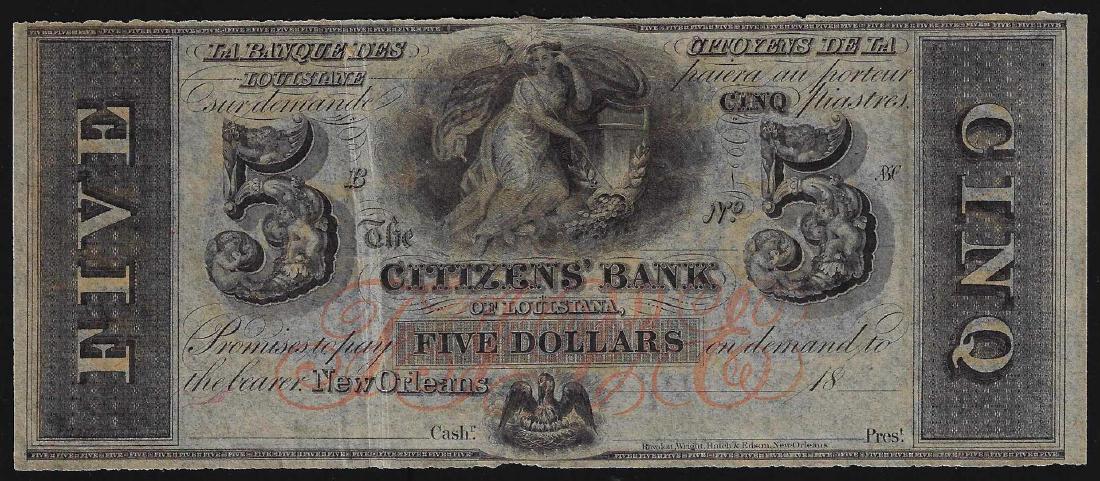 1800s $5 Citizens Bank of Louisiana Obsolete Bank Note: One 1800s $5 Citizens Bank of Louisiana Obsolete Bank Note.