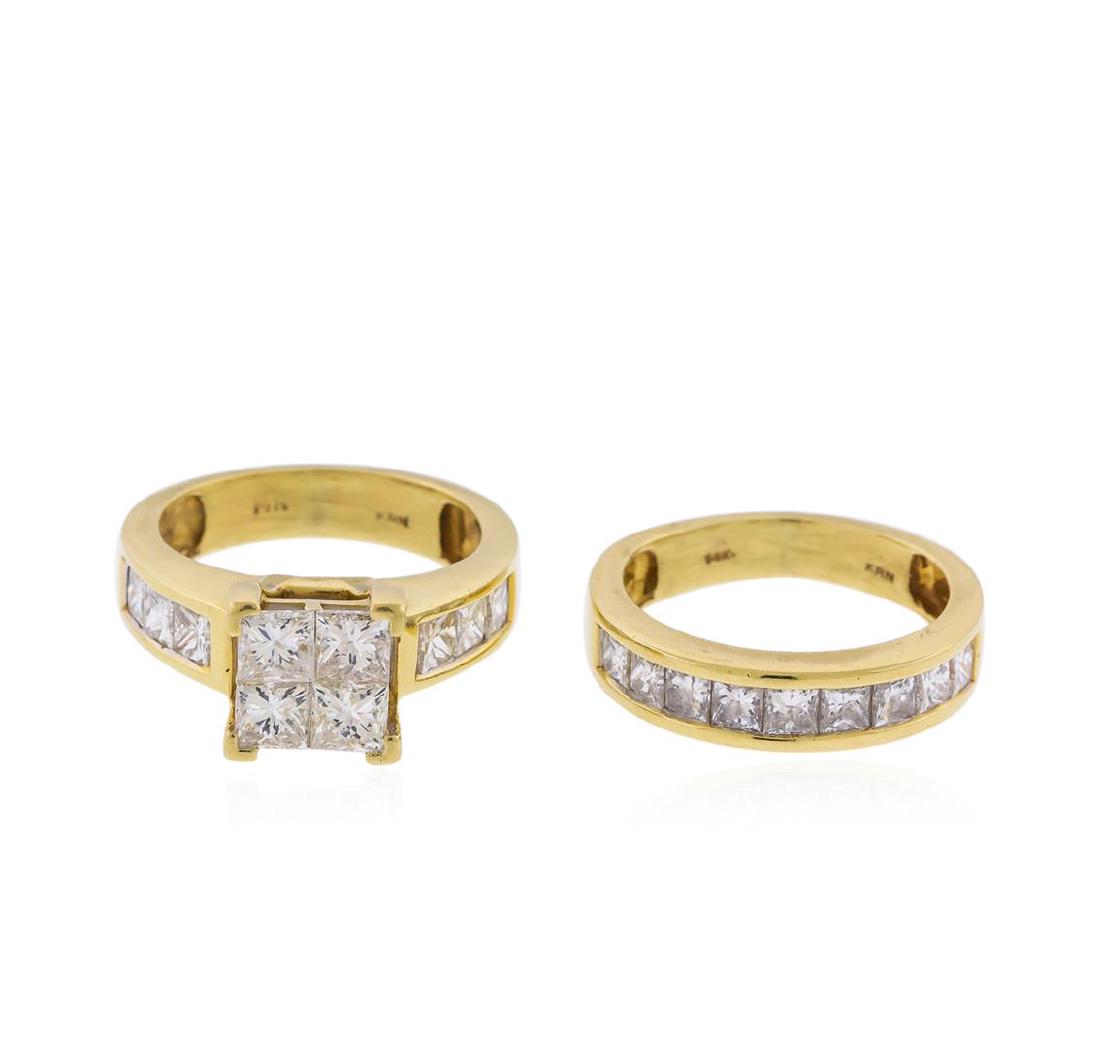 14KT Yellow Gold 4.00ctw Diamond Wedding Ring and Band: Fourteen karat (14K) yellow gold two piece princess cut diamond ring. Four (4) princess cut diamonds are mounted in the center of the ring. Princess cut diamonds accent the ring and its matching band 