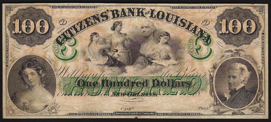 1800's $100 The Citizens Bank of Louisiana Obsolete: One 1800's $100 The Citizens Bank of Louisiana Obsolete Bank Note.