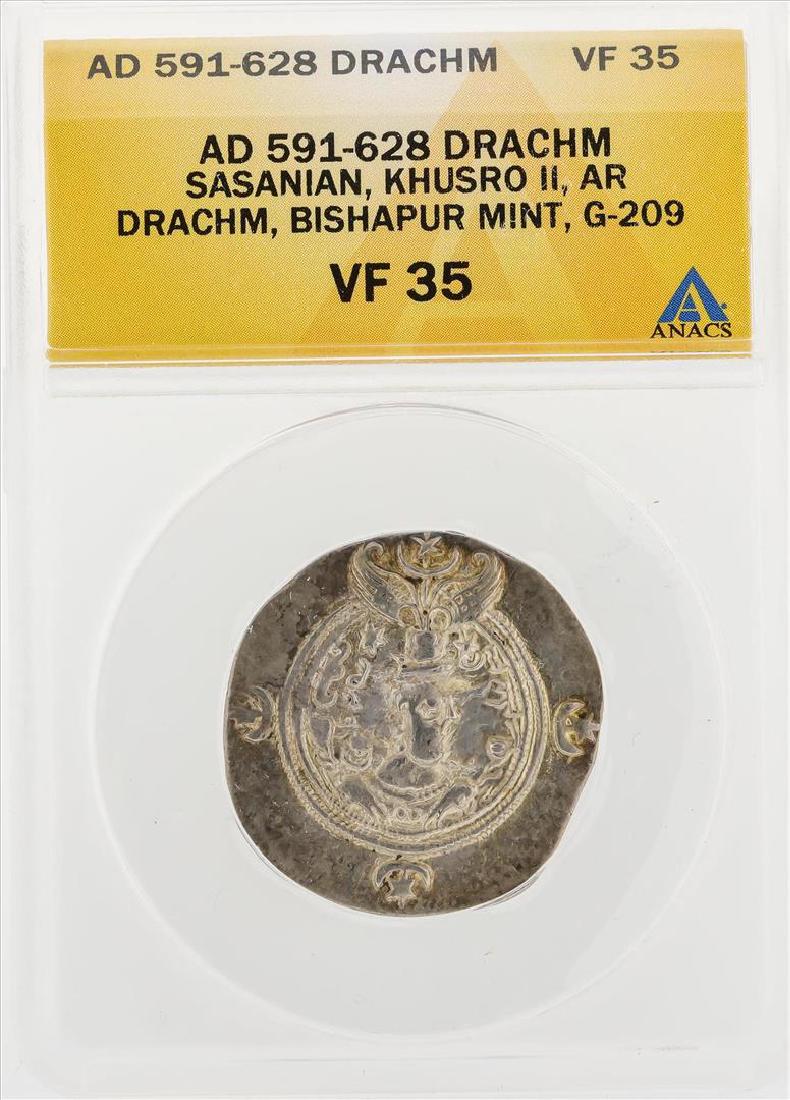 AD 591-628 Drachm Sasanian Khusro II AR Drachm Bishapur: One AD 591-628 Drachm Sasanian Khusro II AR Drachm Bishapur Mint G-209 Coin ANACS VF35. ANACS Certified.