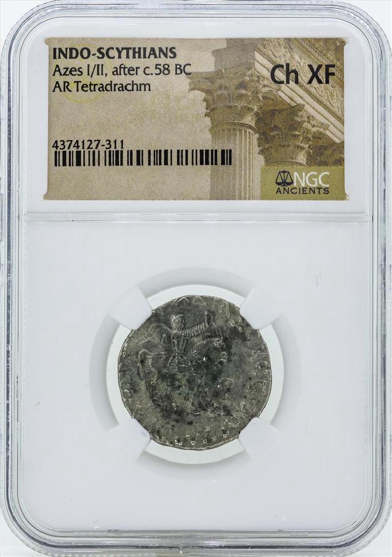 58 BC Indo Scythians Azes I/II AR Tetradrachm Coin NGC: One 58 BC Indo Scythians Azes I/II AR Tetradrachm Coin NGC Ch XF. NGC Certified.
