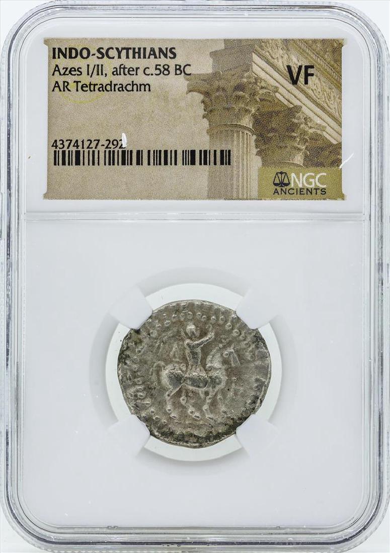 58 BC Indo Scythians Azes I/II AR Tetradrachm Coin NGC: One 58 BC Indo Scythians Azes I/II AR Tetradrachm Coin NGC VF. NGC Certified.