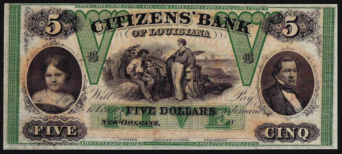 1800's $5 Citizens Bank of Louisiana Obsolete Bank Note: One 1800's $5 Citizens Bank of Louisiana Obsolete Bank Note.