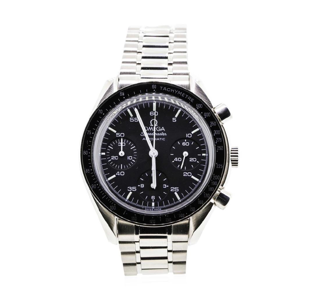 Omega Stainless Steel Speedmaster Automatic Chronograph: One stainless steel Omega Speedmaster automatic chronograph wristwatch with attached stainless steel strap featuring: black dial with three black subdials. Crystal: domed acrylic. The watch also has a