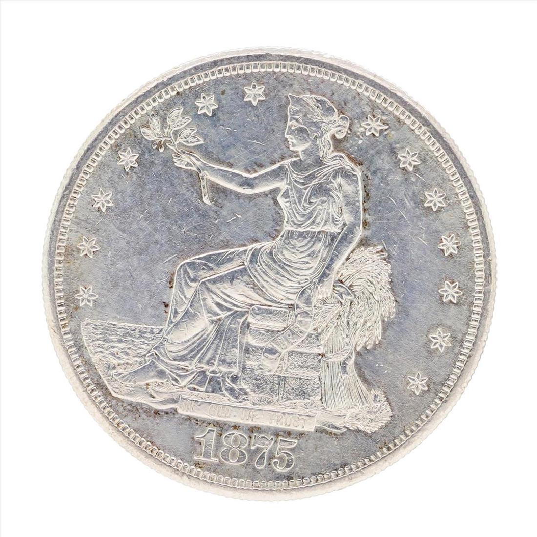 1875-S $1 Trade Silver Dollar Coin: One 1875-S $1 Trade Silver Dollar Coin.