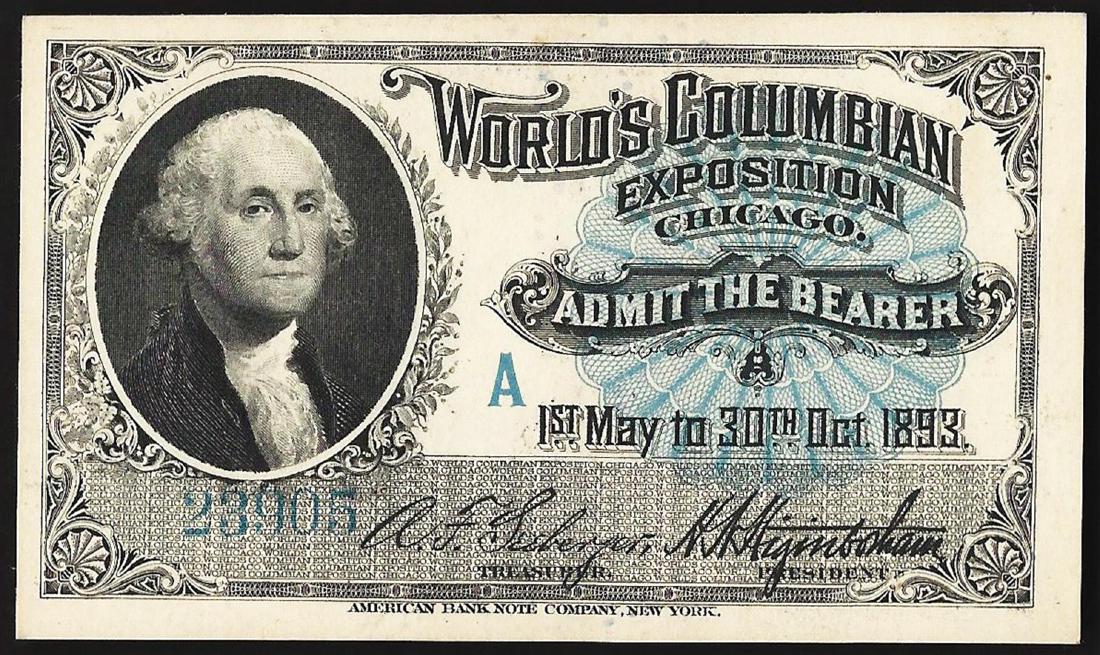 1893 World's Columbian Exposition Ticket: One 1893 World's Columbian Exposition Ticket.