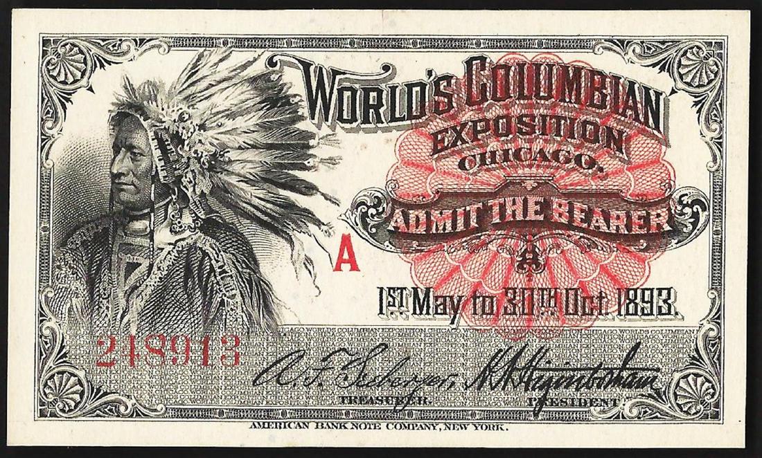 1893 World's Columbian Exposition Ticket: One 1893 World's Columbian Exposition Ticket.