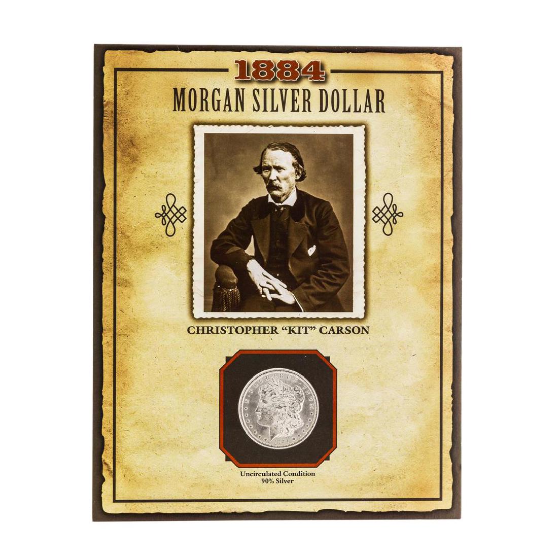 1884-O $1 Morgan Silver Dollar Coin with Christopher: One 1884-O $1 Morgan Silver Dollar Coin with Christopher "kit" Carson Stamp.