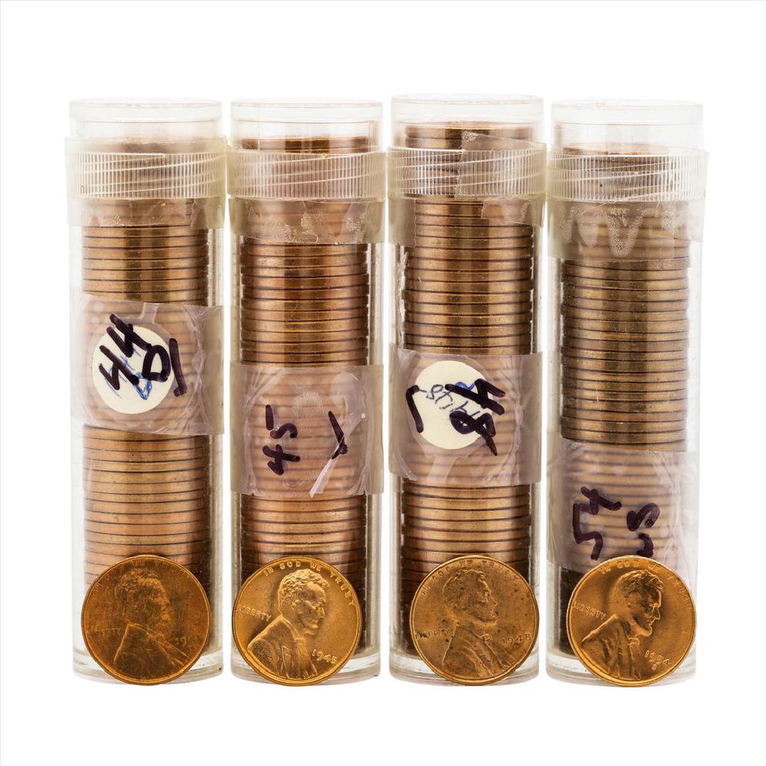 Lot of (4) 1944-D, 1945, 1948, 1954-S Brilliant: One Lot of (4) 1944-D, 1945, 1948, 1954-S Brilliant Uncirculated Lincoln Wheat Penny Rolls.