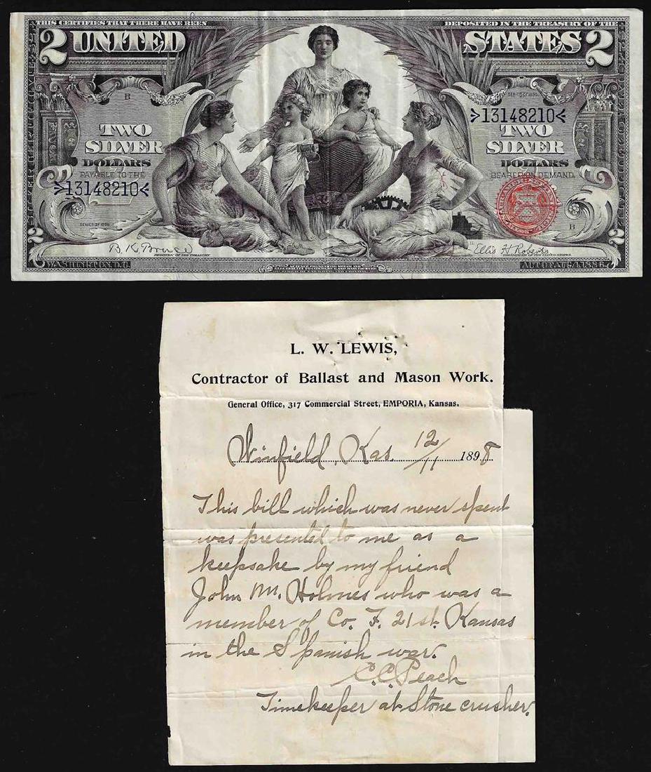 1896 $2 Educational Silver Certificate Note with: One 1896 $2 Educational Silver Certificate Note with Personal Letter.