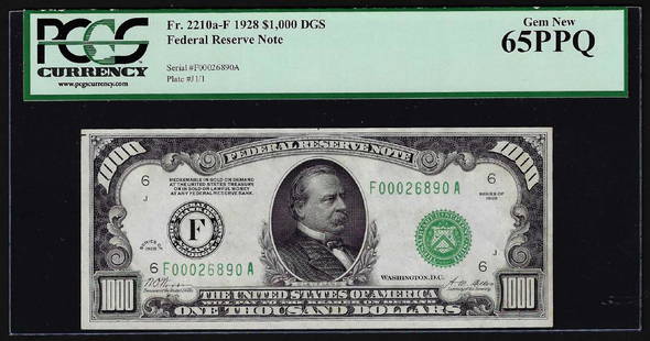 1928 $1000 Federal Reserve Note Atlanta PCGS Gem New: One 1928 $1000 Federal Reserve Note Atlanta PCGS Gem New 65PPQ. PCGS Graded.