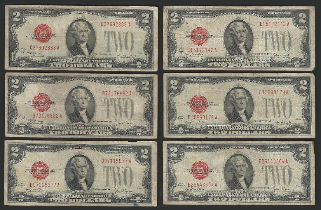 Lot of (6) 1928 $2 Legal Tender Notes: One Lot of (6) 1928 $2 Legal Tender Notes.