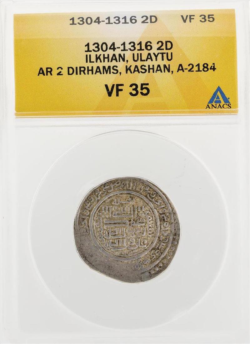 1304-1316 2D Ilkhan Ulaytu AR 2 Dirhams Kashan A-2184: One 1304-1316 2D Ilkhan Ulaytu AR 2 Dirhams Kashan A-2184 Coin ANACS VF35. ANACS Certified.
