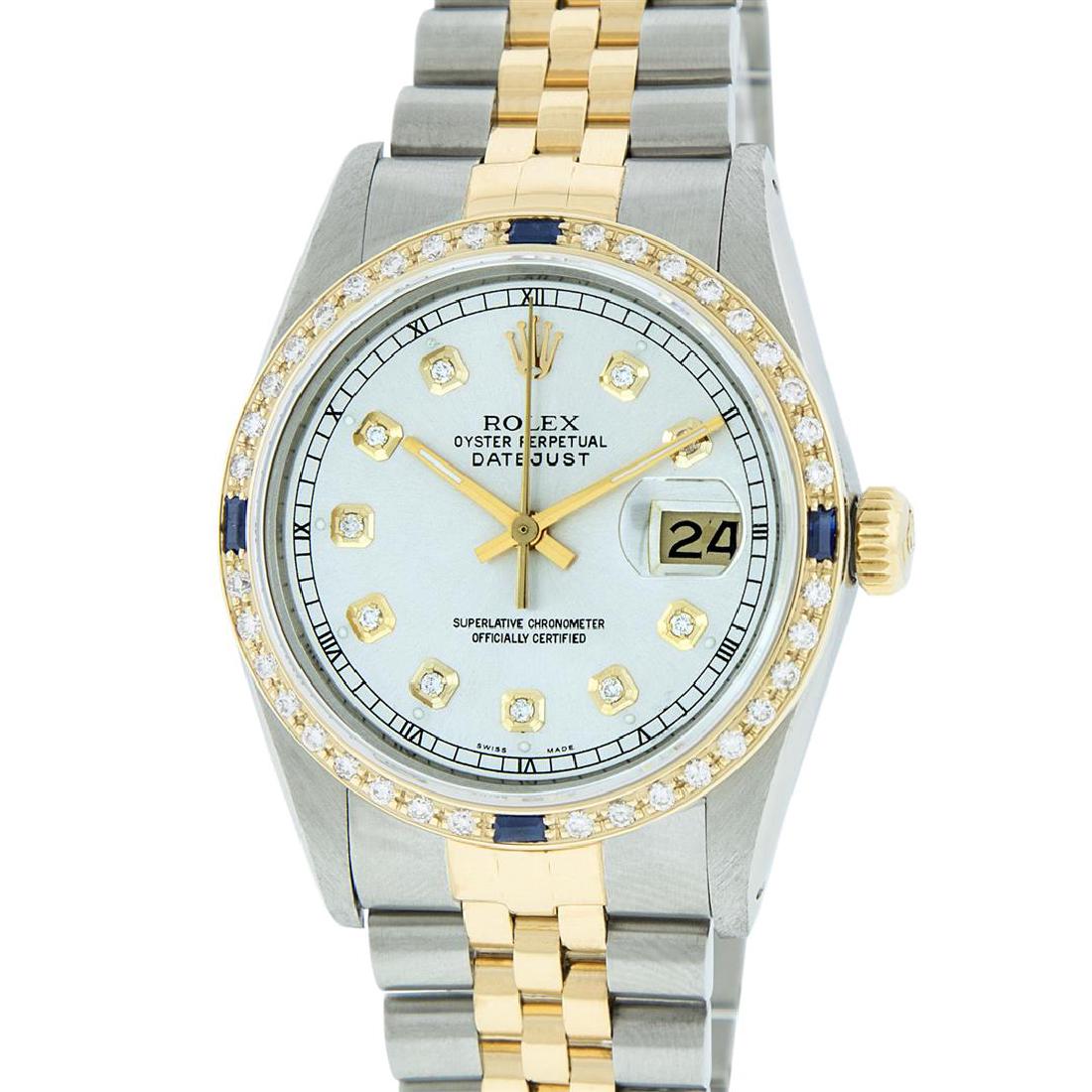 Rolex Mens Two Tone 14KT Yellow Gold Sapphire and: One Mens Two Tone Rolex Datejust Polished, Fully Serviced & Electronically Tested, 14K Yellow Gold & Stainless Steel Case:36mm, 14K Yellow Gold Crown, Custom Bezel: 18K Yellow Gold Sapphire Beadset Di