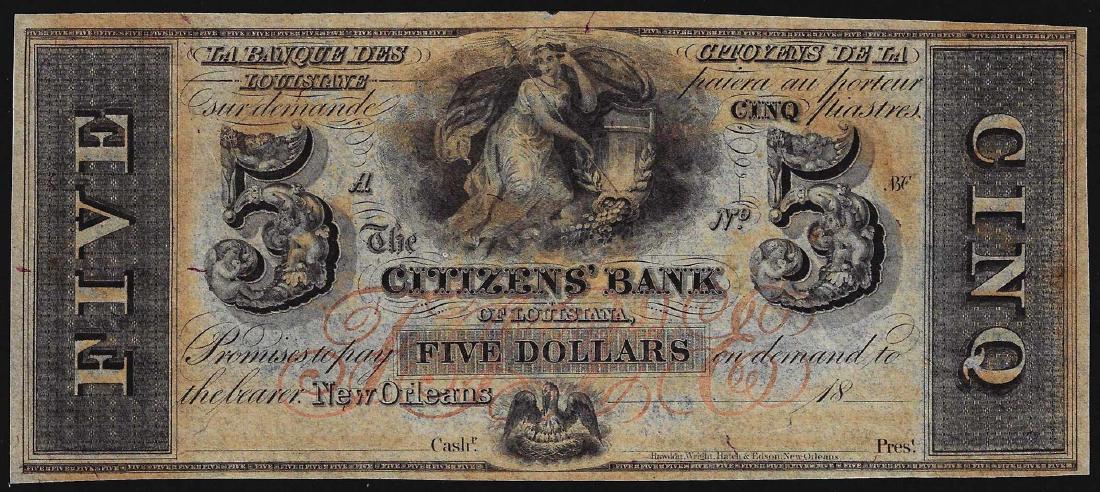 1800's $5 The Citizens Bank of Louisiana Obsolete Note: One 1800's $5 The Citizens Bank of Louisiana Obsolete Note.