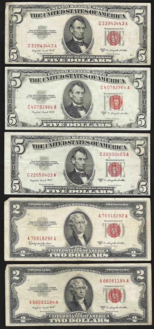 Lot of (2) 1953 $2 and (3) 1953 $5 Legal Tender Notes: One Lot of (2) 1953 $2 and (3) 1953 $5 Legal Tender Notes.