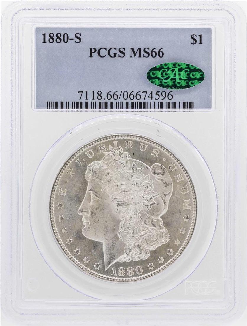 1880-S $1 Morgan Silver Dollar Coin PCGS MS66 CAC: One 1880-S $1 Morgan Silver Dollar Coin PCGS MS66 CAC. PCGS Graded.