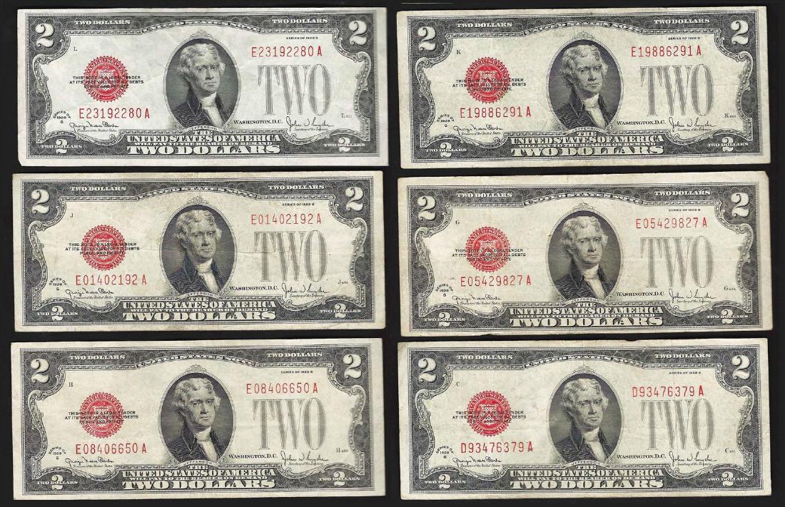 Set of (6) 1928G $2 Legal Tender Notes: One Set of (6) 1928G $2 Legal Tender Notes.