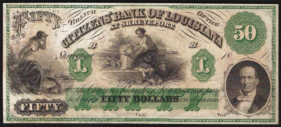1800's $50 Citizens Bank of Louisiana Obsolete Note: One 1800's $50 Citizens Bank of Louisiana Obsolete Note.