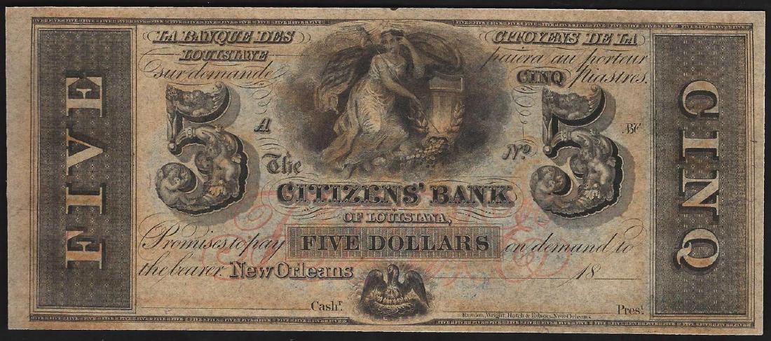 1800's $5 Citizens Bank of Louisiana Obsolete Note: One 1800's $5 Citizens Bank of Louisiana Obsolete Note.