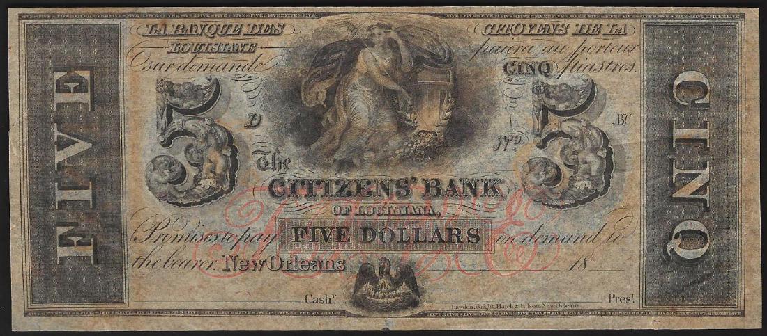1800's $5 Citizens Bank of Louisiana New Orleans: One 1800's $5 Citizens Bank of Louisiana New Orleans Obsolete Note.