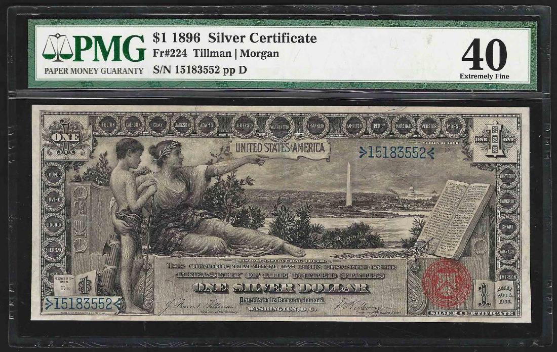 1896 $1 Silver Certificate Note Fr.224 PMG Extremely: One 1896 $1 Silver Certificate Note Fr.224 PMG Extremely Fine 40. PMG Certified.