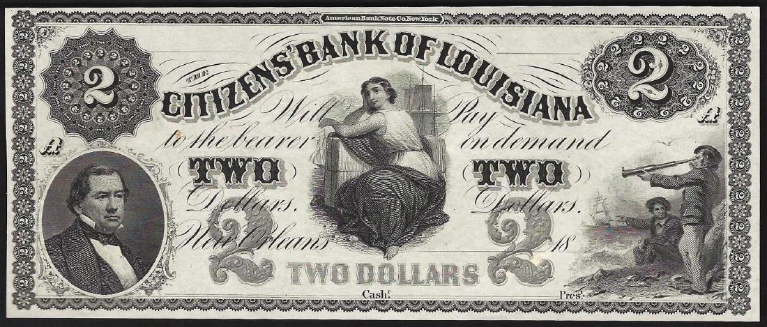 1800's $2 The Citizens Bank of Louisiana New Orleans: One 1800's $2 The Citizens Bank of Louisiana New Orleans Obsolete Note.