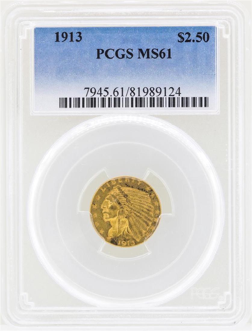 1913 $2 1/2 Indian Head Quarter Eagle Gold Coin NGC: One 1913 $2 1/2 Indian Head Quarter Eagle Gold Coin NGC MS61. NGC Certified.