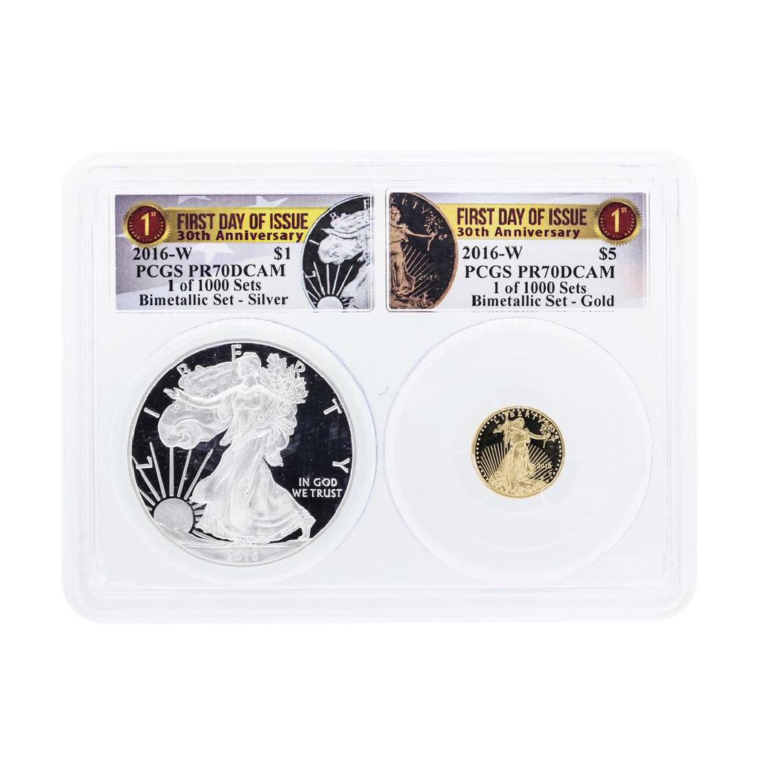 2016-W American Silver & Gold Eagle 30th Anniversary: One 2016-W American Silver & Gold Eagle 30th Anniversary Proof Bimetallic Set PCGS PR70DCAM. PCGS Graded.
