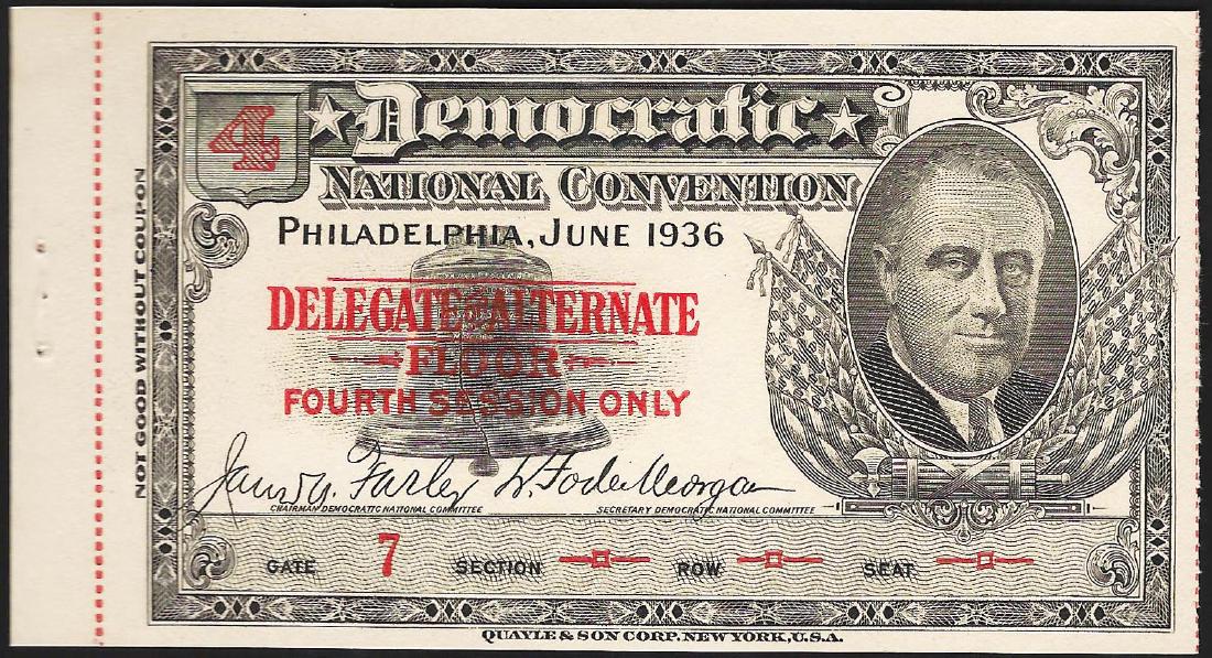 1936 Democratic National Convention Ticket: One 1936 Democratic National Convention Ticket.