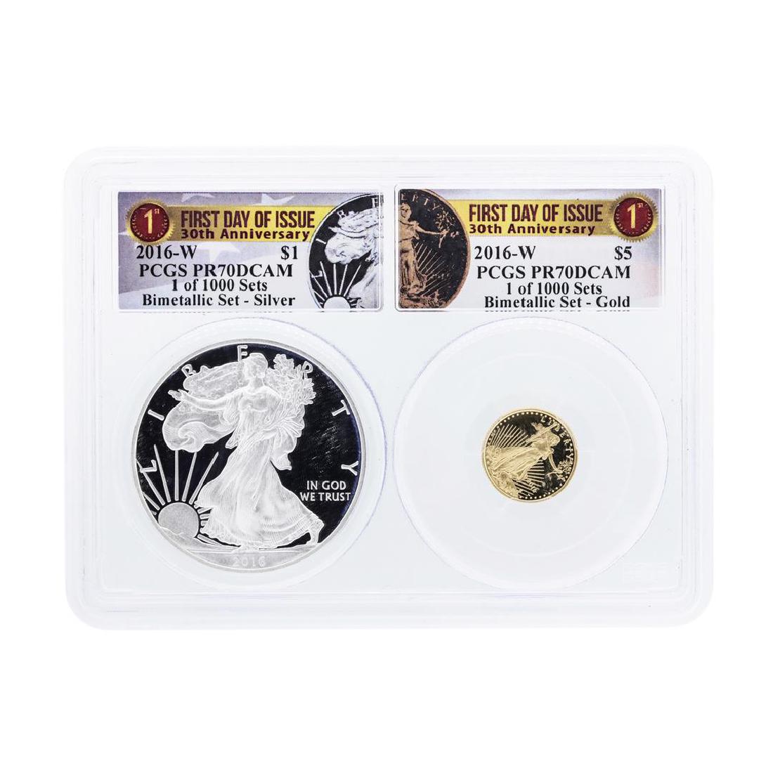 2016-W American Silver & Gold Eagle 30th Anniversary: One 2016-W American Silver & Gold Eagle 30th Anniversary Proof Bimetallic Set PCGS PR70DCAM. PCGS Graded.