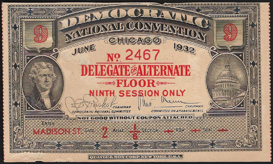 1932 Democratic National Convention Ticket: One 1932 Democratic National Convention Ticket.