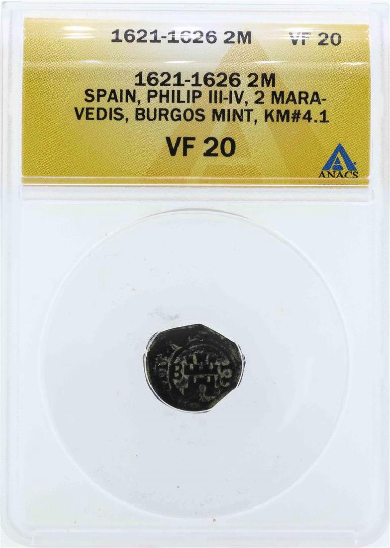 1621-1626 Spain Philip III-IV 2 Maravedis Coin ANACS: One 1621-1626 Spain Philip III-IV 2 Maravedis Coin ANACS VF20. ANACS Certified.