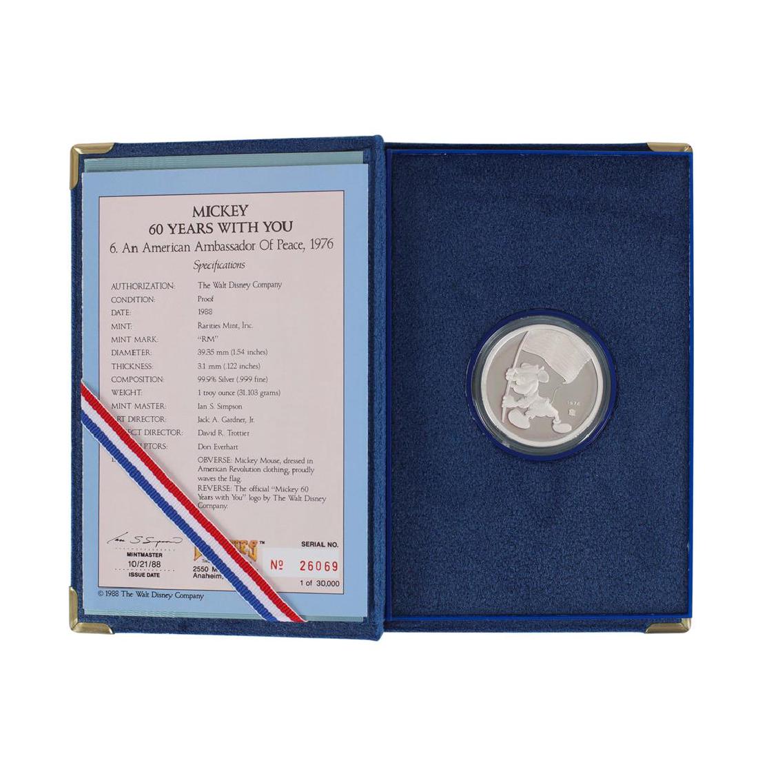 1988 Rarities Mint Disney Mickey Mouse Silver Proof: One 1988 Rarities Mint Disney Mickey Mouse Silver Proof Coin w/Box & COA.