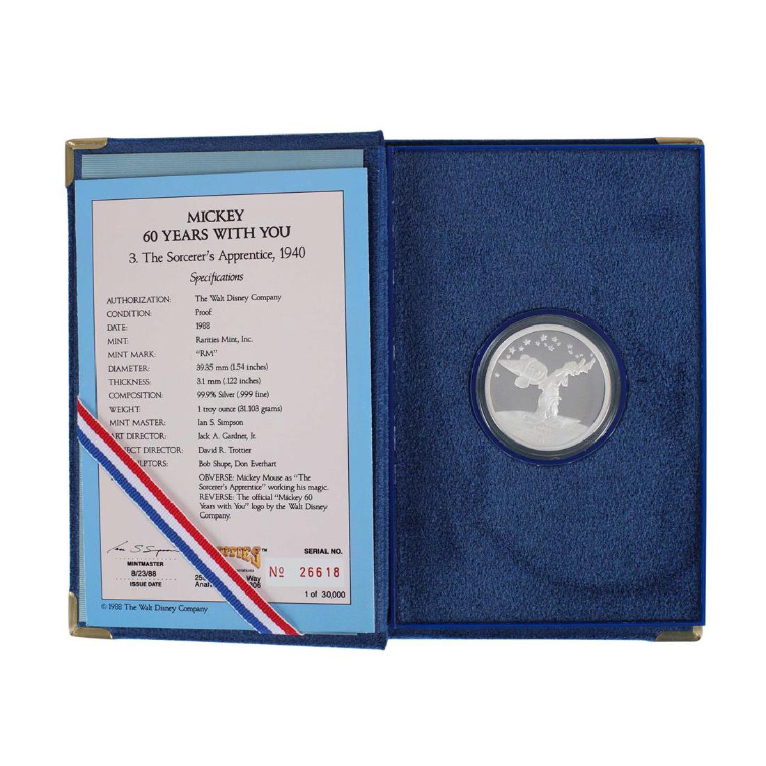 1988 Rarities Mint Disney Mickey Mouse Silver Proof: One 1988 Rarities Mint Disney Mickey Mouse Silver Proof Coin w/Box & COA.