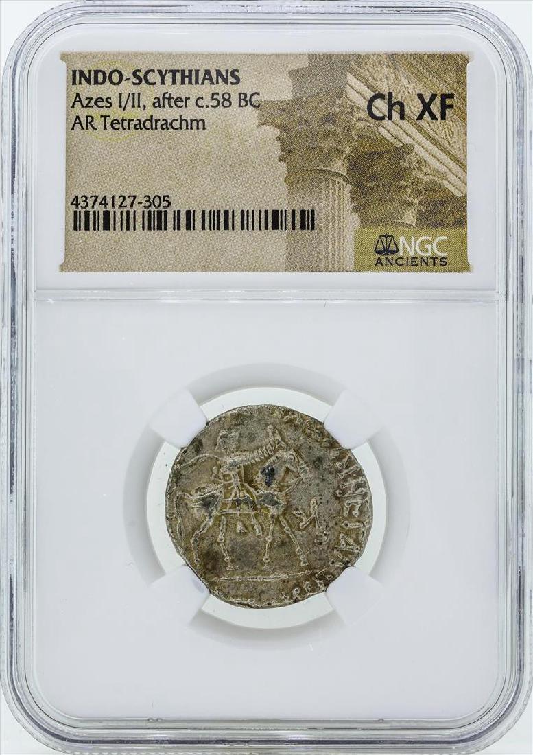 58 BC Indo Scythians Azes I/II AR Tetradrachm Coin NGC: One 58 BC Indo Scythians Azes I/II AR Tetradrachm Coin NGC Ch XF. NGC Certified.