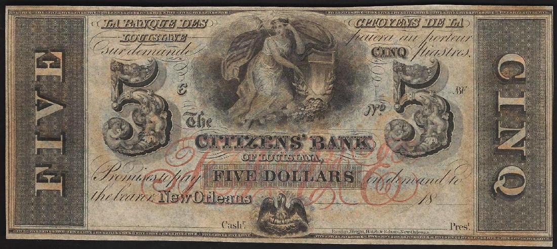 1800's $5 Citizens Bank of Louisiana Obsolete Note: One 1800's $5 Citizens Bank of Louisiana Obsolete Note.