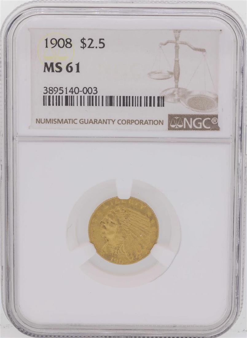 1908 $2 1/2 Indian Head Quarter Eagle Gold Coin NGC: One 1908 $2 1/2 Indian Head Quarter Eagle Gold Coin NGC MS61. NGC Certified.