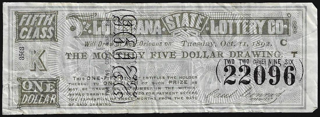 1892 State of Louisiana Lottery Ticket: One 1892 State of Louisiana Lottery Ticket.