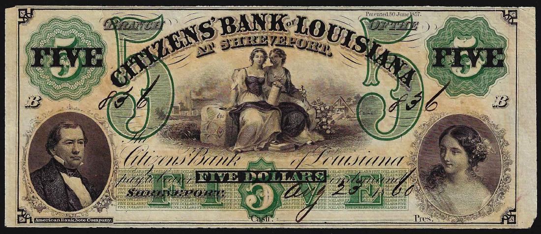 1860 $5 Citizens Bank of Louisiana Obsolete Bank Note: One 1860 $5 Citizens Bank of Louisiana Obsolete Bank Note.