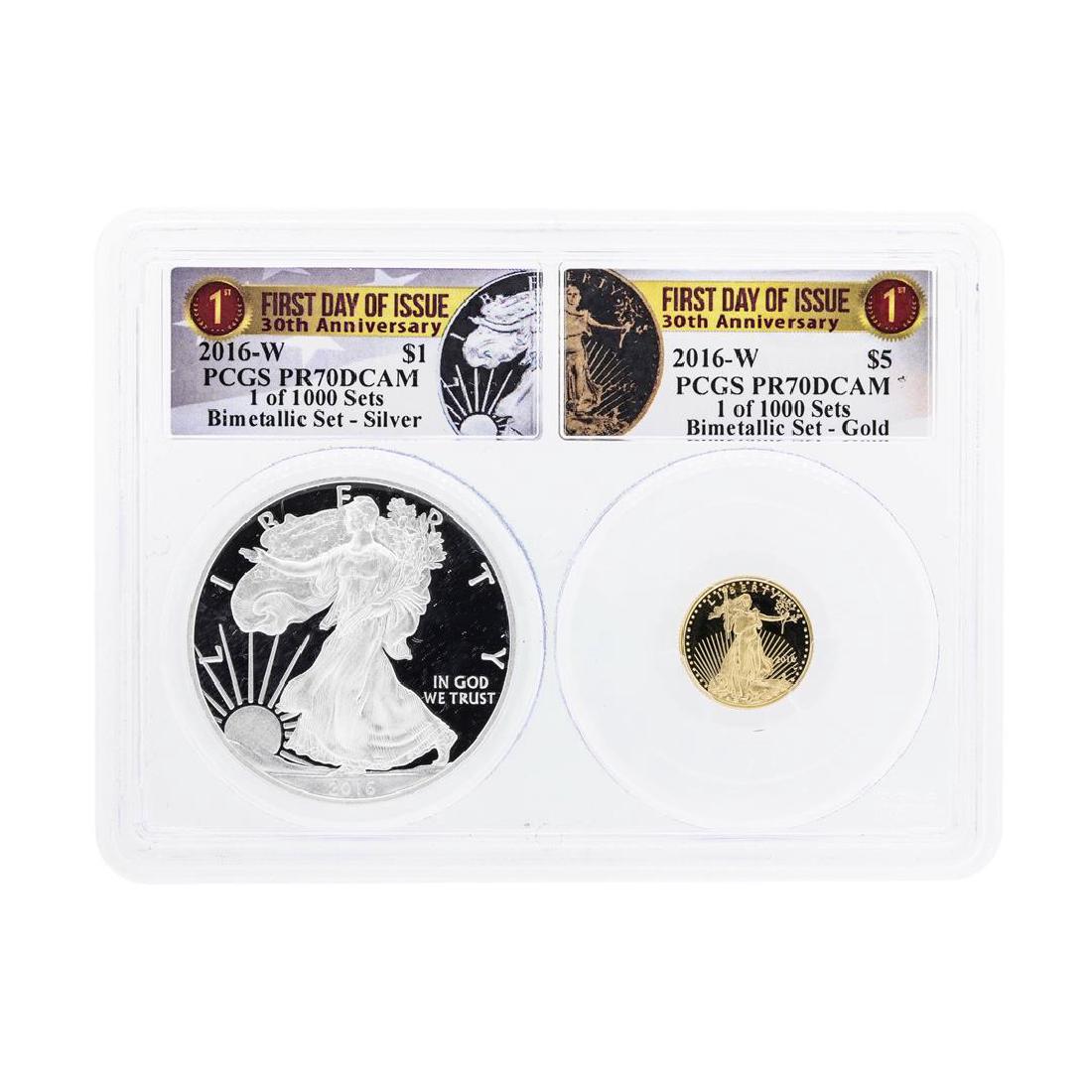 2016-W American Silver & Gold Eagle 30th Anniversary: One 2016-W American Silver & Gold Eagle 30th Anniversary Proof Bimetallic Set PCGS PR70DCAM. PCGS Graded.