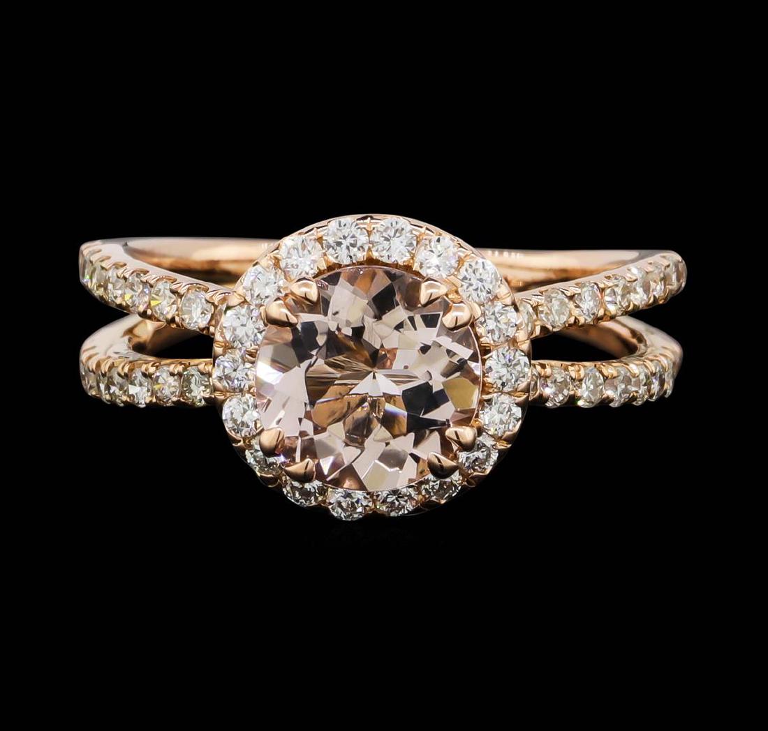 14KT Rose Gold 1.00 ctw Morganite and Diamond Ring: One Ladies ring featuring: 14KT rose gold weighing 2.80 grams containing one morganite weighing 1.00ct and diamonds weighing 0.75ctw.