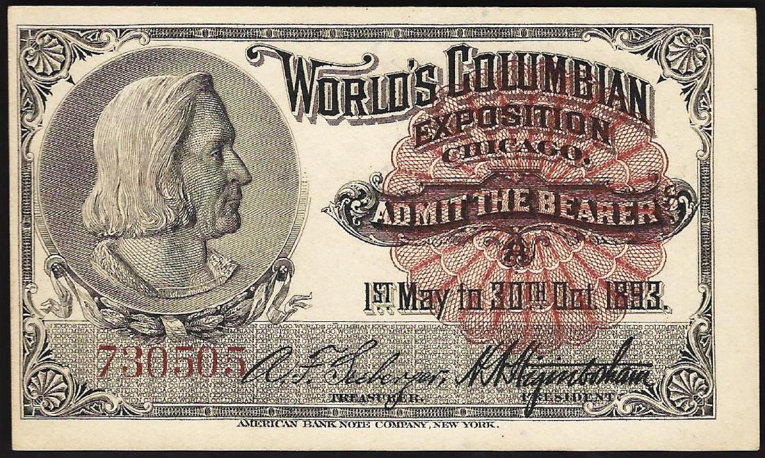 1893 World's Columbian Exposition Ticket: One 1893 World's Columbian Exposition Ticket.