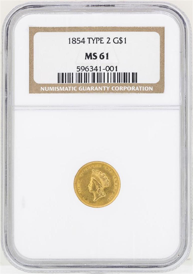 1854 $1 Indian Princess Head Gold Dollar Coin Type 2: One 1854 $1 Indian Princess Head Gold Dollar Coin Type 2 NGC MS61. NGC Certified.