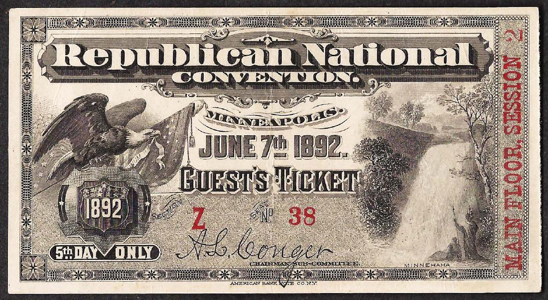 June 7th, 1892 Republican National Convention Ticket: One June 7th, 1892 Republican National Convention Ticket.