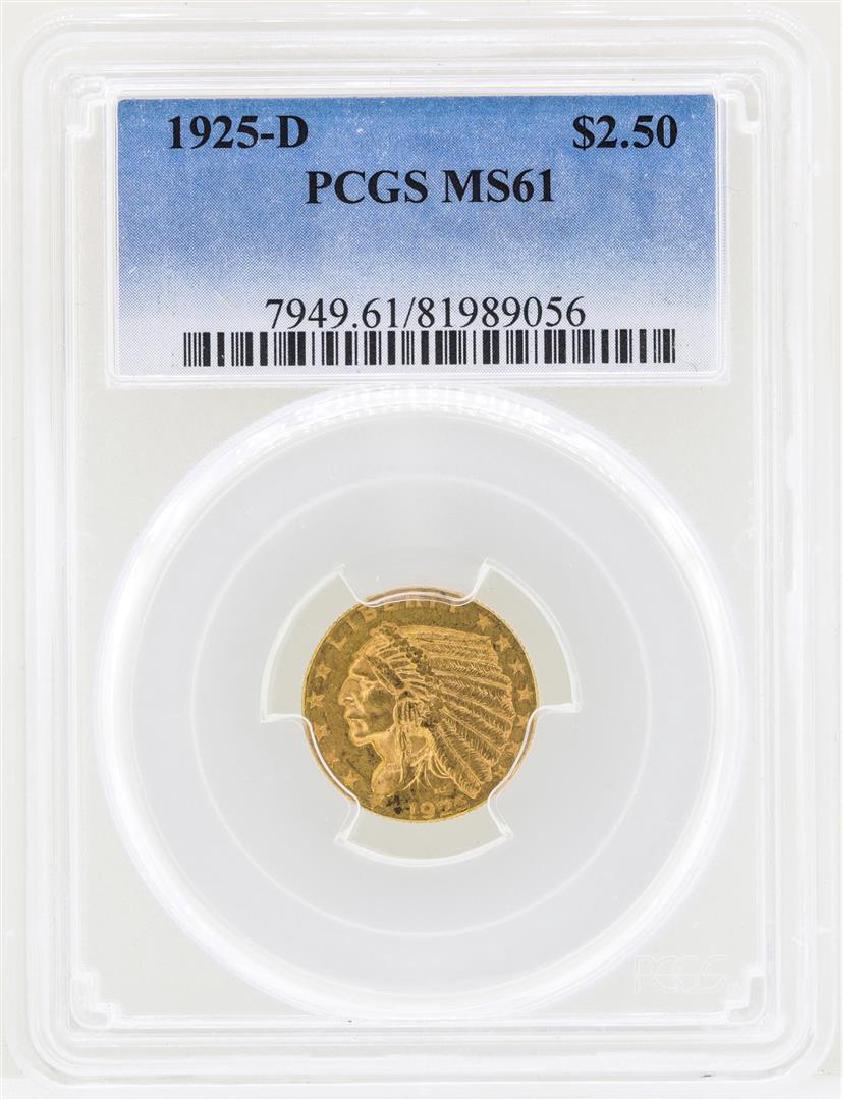 1925-D $2 1/2 Indian Head Quarter Eagle Gold Coin NGC: One 1925-D $2 1/2 Indian Head Quarter Eagle Gold Coin NGC MS61. NGC Certified.
