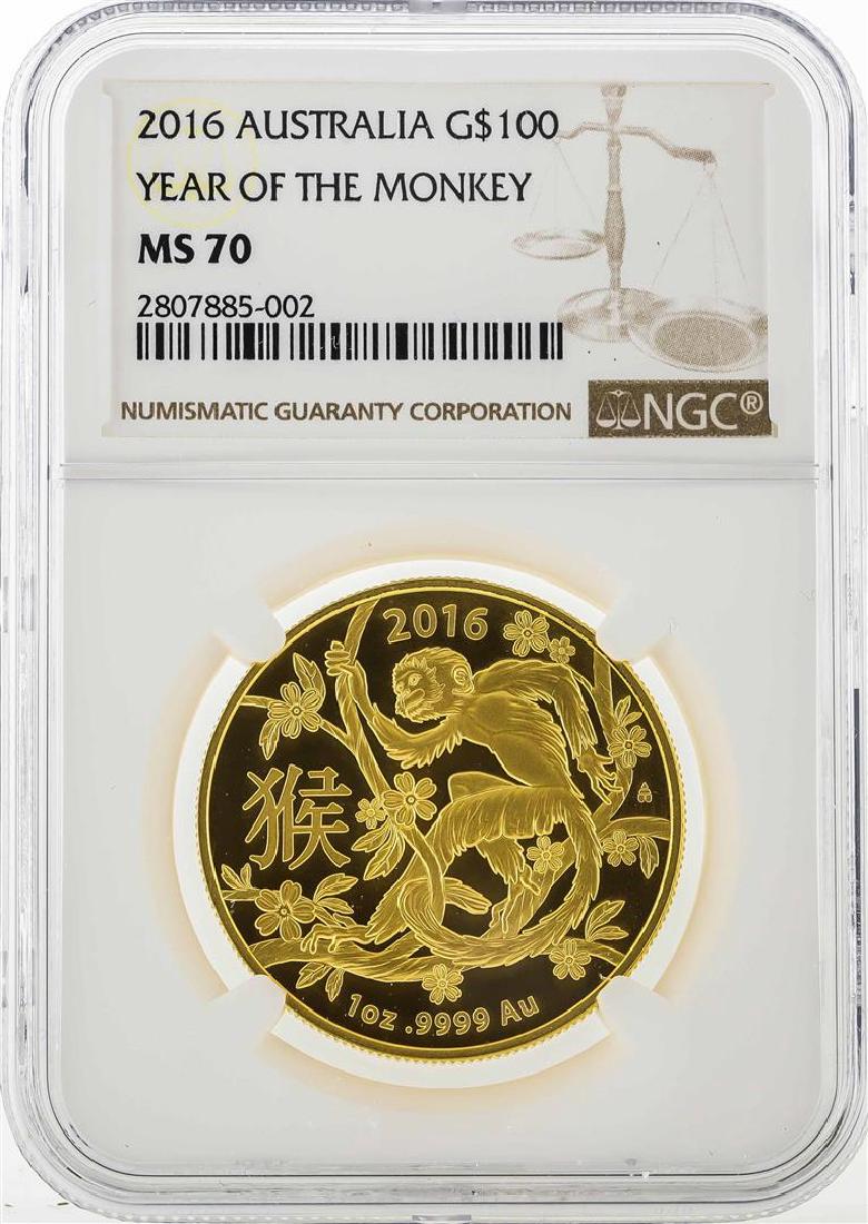 2016 Australia $100 Year of the Monkey Gold Coin NGC: One 2016 Australia $100 Year of the Monkey Gold Coin NGC MS70. NGC Certified.